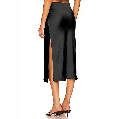 Women's Fashion Satin Midi Skirt Side Slit Silky Casual Evening Formal Skirt