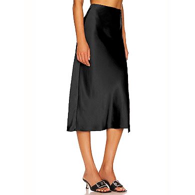 Women's Fashion Satin Midi Skirt Side Slit Silky Casual Evening Formal Skirt