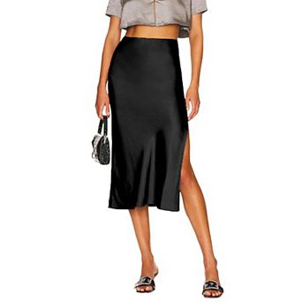 Women's Fashion Satin Midi Skirt Side Slit Silky Casual Evening Formal Skirt