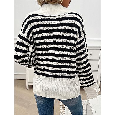 Women's Black White Striped Sweater Collared Neck Knitted Pullover