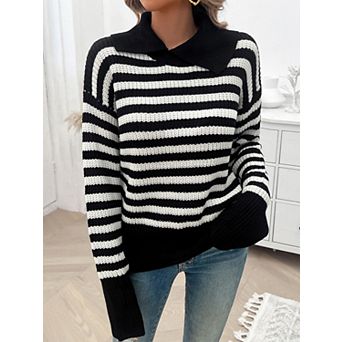 Women's Black White Striped Sweater Collared Neck Knitted Pullover