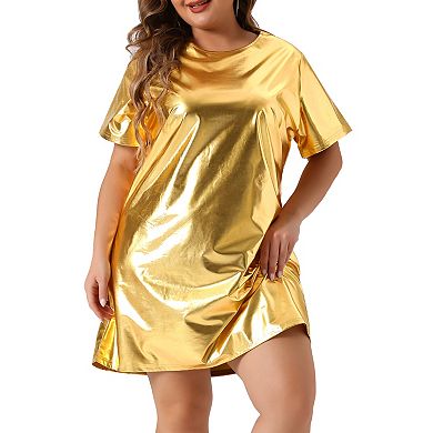 Women's Plus Size Dress Metallic Round Neck Short Sleeve Clubwear Loose Mini T-Shirt Dress