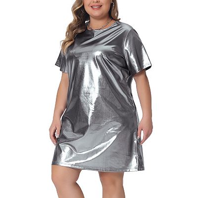 Women's Plus Size Dress Metallic Round Neck Short Sleeve Clubwear Loose  Mini T-Shirt Dress
