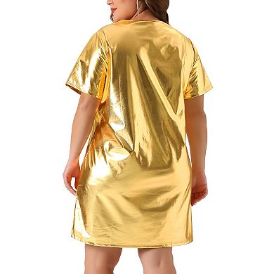 Women's Plus Size Dress Metallic Round Neck Short Sleeve Clubwear Loose Mini T-Shirt Dress