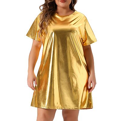 Women's Plus Size Dress Metallic Round Neck Short Sleeve Clubwear Loose Mini T-Shirt Dress