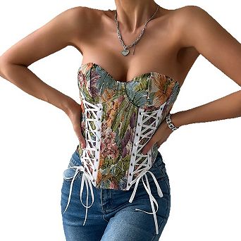Women's Fashion Floral Corset Bustier Strapless Lace-Up Back Slimming Party Casual Top