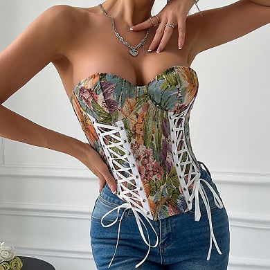 Women's Floral Corset Top Bustier Strapless Lace-Up Back Slimming Party