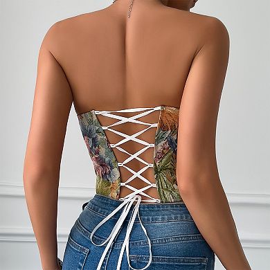 Women's Floral Corset Top Bustier Strapless Lace-Up Back Slimming Party