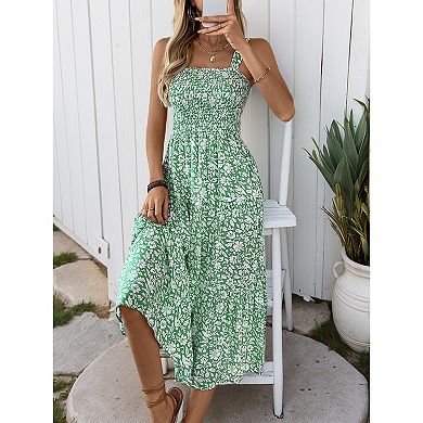 Women Summer Casual Smocked Long Cami Dress Spaghetti Straps Square Neck Sleeveless Flowy Maxi Dress