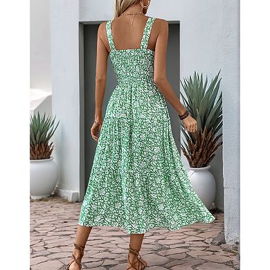Women Summer Casual Smocked Long Cami Dress Spaghetti Straps Square Neck Sleeveless Flowy Maxi Dress