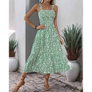 Women Summer Casual Smocked Long Cami Dress Spaghetti Straps Square Neck Sleeveless Flowy Maxi Dress