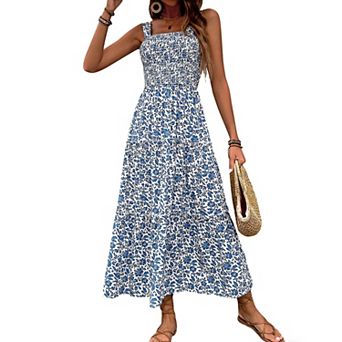 Women Summer Casual Smocked Long Cami Dress Spaghetti Straps Square Neck Sleeveless Flowy Maxi Dress