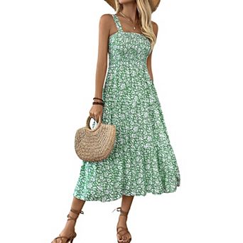 Women Summer Casual Smocked Long Cami Dress Spaghetti Straps Square Neck Sleeveless Flowy Maxi Dress