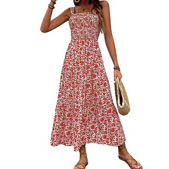 Women Summer Casual Smocked Long Cami Dress Spaghetti Straps Square Neck Sleeveless Flowy Maxi Dress