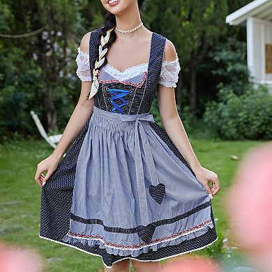 Women's 3-Piece Oktoberfest Set: Sweetheart Sleeveless Dirndl Checkered Apron Off-Shoulder Crop Top