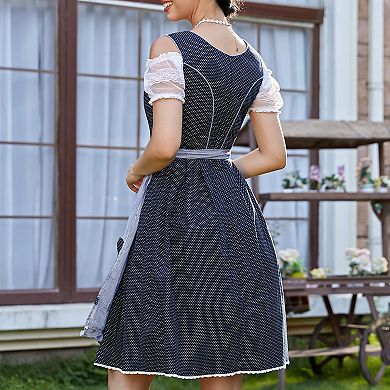 Women's 3-Piece Oktoberfest Set: Sweetheart Sleeveless Dirndl Checkered Apron Off-Shoulder Crop Top