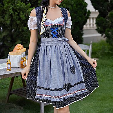 Women's 3-Piece Oktoberfest Set: Sweetheart Sleeveless Dirndl Checkered Apron Off-Shoulder Crop Top