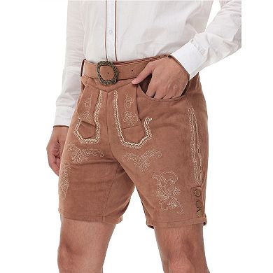 Men's Oktoberfest Suede Shorts, Embroidered Bavarian Lederhosen with Leather Belt