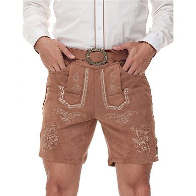 Men's Oktoberfest Suede Shorts, Embroidered Bavarian Lederhosen with Leather Belt