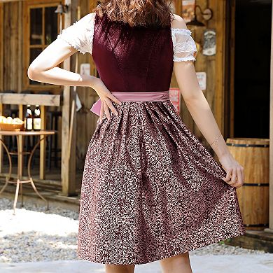 Women's 3-Piece Velvet Oktoberfest Set: Square Neck Sleeveless Dirndl Apron Off-Shoulder Crop Top