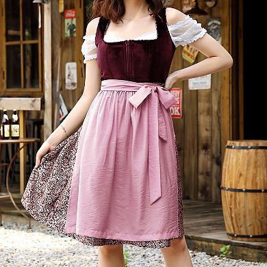 Women's 3-Piece Velvet Oktoberfest Set: Square Neck Sleeveless Dirndl Apron Off-Shoulder Crop Top