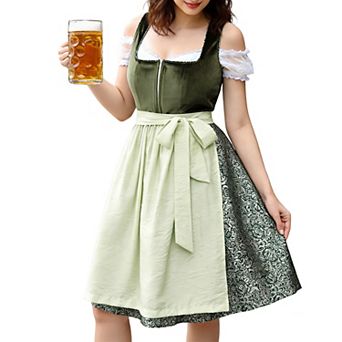 Women's 3 pc Velvet Oktoberfest Set: Square Neck Sleeveless Dirndl Apron Off-Shoulder Crop Top