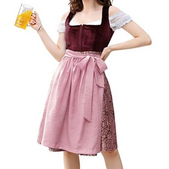 Women's 3 pc Velvet Oktoberfest Set: Square Neck Sleeveless Dirndl Apron Off-Shoulder Crop Top