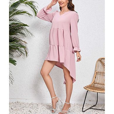 Women's Maternity Summer Fall Long Sleeve V Neck High-Low Dress Casual Tie Back Cocktail Dress