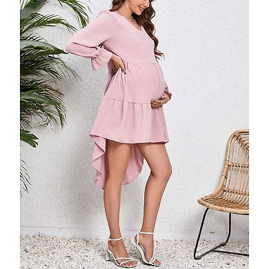 Women's Maternity Summer Fall Long Sleeve V Neck High-Low Dress Casual Tie Back Cocktail Dress