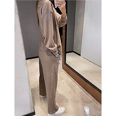 Women's Knit Two-Piece Set Button-Front Cardigan and Drawstring Wide-Leg Pants Loungewear Set