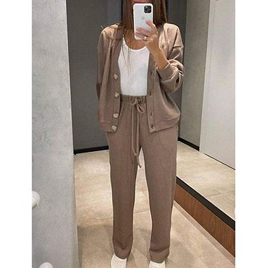 Women's Knit Two-Piece Set Button-Front Cardigan and Drawstring Wide-Leg Pants Loungewear Set