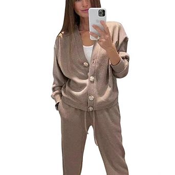 Women's Knit Two-Piece Set Button-Front Cardigan and Drawstring Wide-Leg Pants Loungewear Set