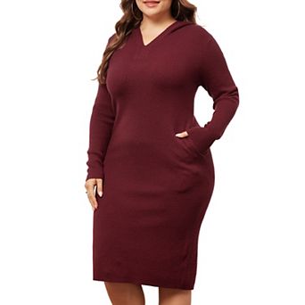 Women's Plus Size Sweater Dresses Pullover Hooded with Pocket Midi Winter Knit Sweater Dress