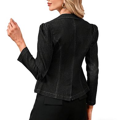 Womens Denim V Neck Blazer Long Sleeve Collar Single Button Jacket