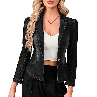 Womens Denim V Neck Blazer Long Sleeve Collar Single Button Jacket