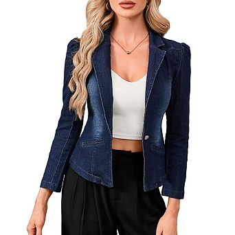Womens Denim V Neck Blazer Long Sleeve Collar Single Button Jacket