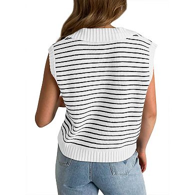 Women's Summer Fall Striped Lapel Collared V Neck Sweater Shirt Casual Sleeveless Top Soft