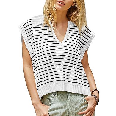 Women's Summer Fall Striped Lapel Collared V Neck Sweater Shirt Casual Sleeveless Top Soft