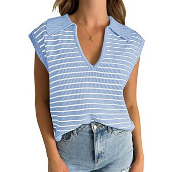 Women's Summer Fall Striped Lapel Collared V Neck Sweater Shirt Casual Sleeveless Top Soft