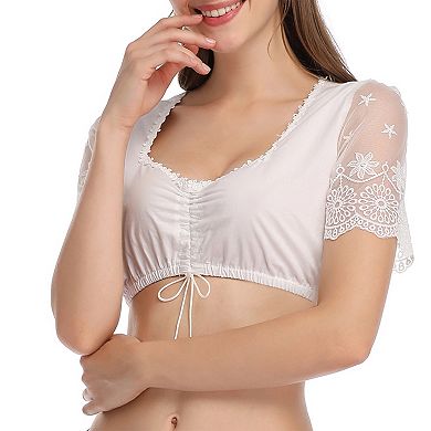 Women's Lace Embroidered Short Sleeve Crop Top, Sweetheart Neckline with Front Drawstring