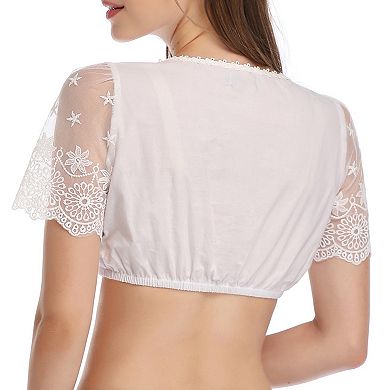 Women's Lace Embroidered Short Sleeve Crop Top, Sweetheart Neckline with Front Drawstring