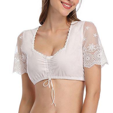 Women's Lace Embroidered Short Sleeve Crop Top, Sweetheart Neckline with Front Drawstring