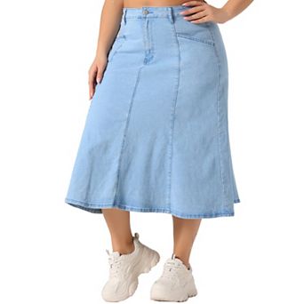 Women's Plus Size Denim Skirts Vintage High Waist with Pockets A-Line Midi Jean Skirt