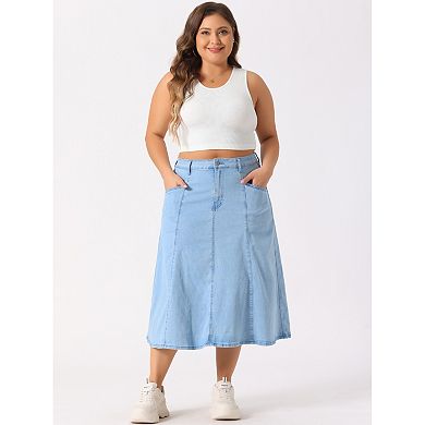 Women's Plus Size Denim Skirts Vintage High Waist with Pockets A-Line Midi Jean Skirt