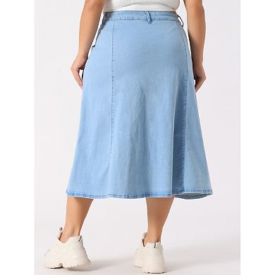Women's Plus Size Denim Skirts Vintage High Waist with Pockets A-Line Midi Jean Skirt