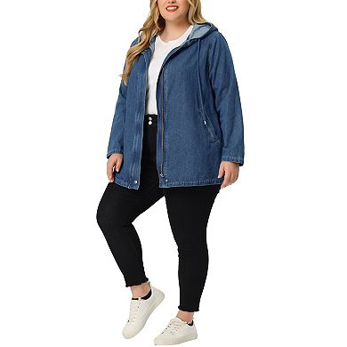 Women's Plus Size Layered Drawstring Hood for Women Denim Utility Jacket W Pocket