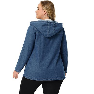Women's Plus Size Layered Drawstring Hood for Women Denim Utility Jacket W Pocket
