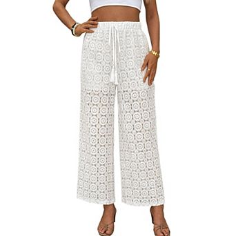 Women's Crochet Lace Wide-Leg Pants Drawstring Waist Casual Summer Cropped Pants