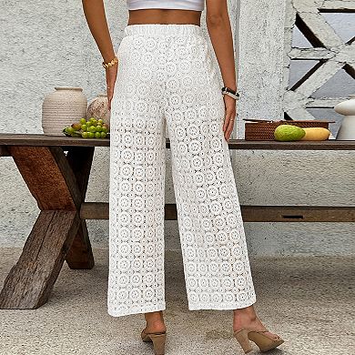 Women's Crochet Lace Wide-Leg Pants Drawstring Waist Casual Summer Cropped Pants