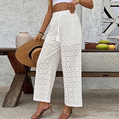 Women's Crochet Lace Wide-Leg Pants Drawstring Waist Casual Summer Cropped Pants